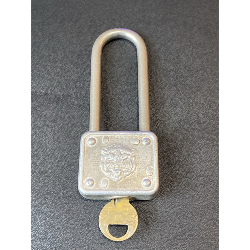 Vintage MASTER LOCK Padlock‎ Lion Face Long Shackle 77 Works w/ Key